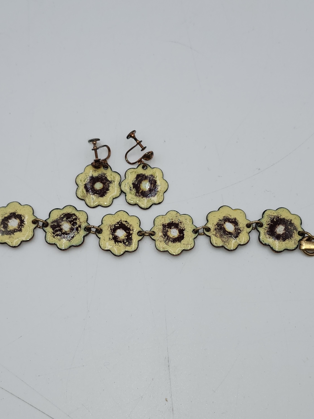 vintage modernist copper splash enamel bracelet screw earrings set pansy flower